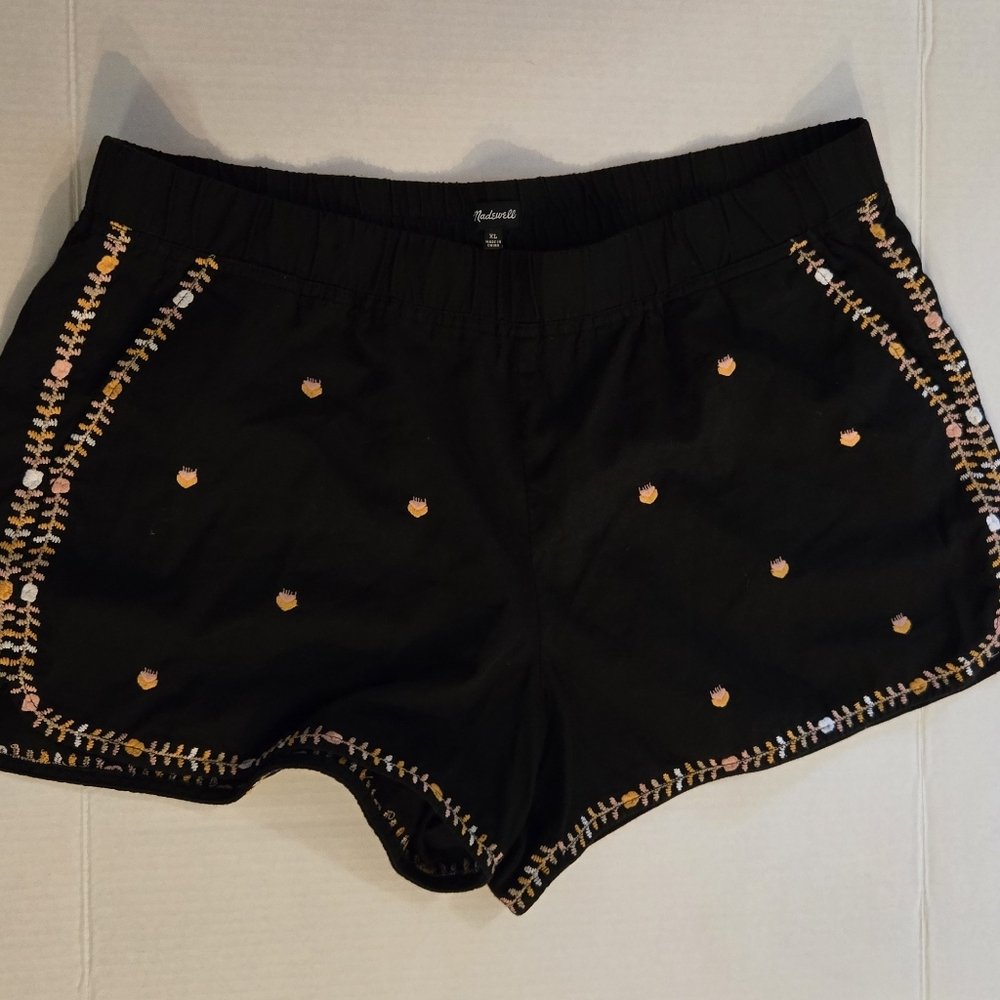 Madewell Black Embroidered Floral Pull On Black Boho Shorts XL extra large
